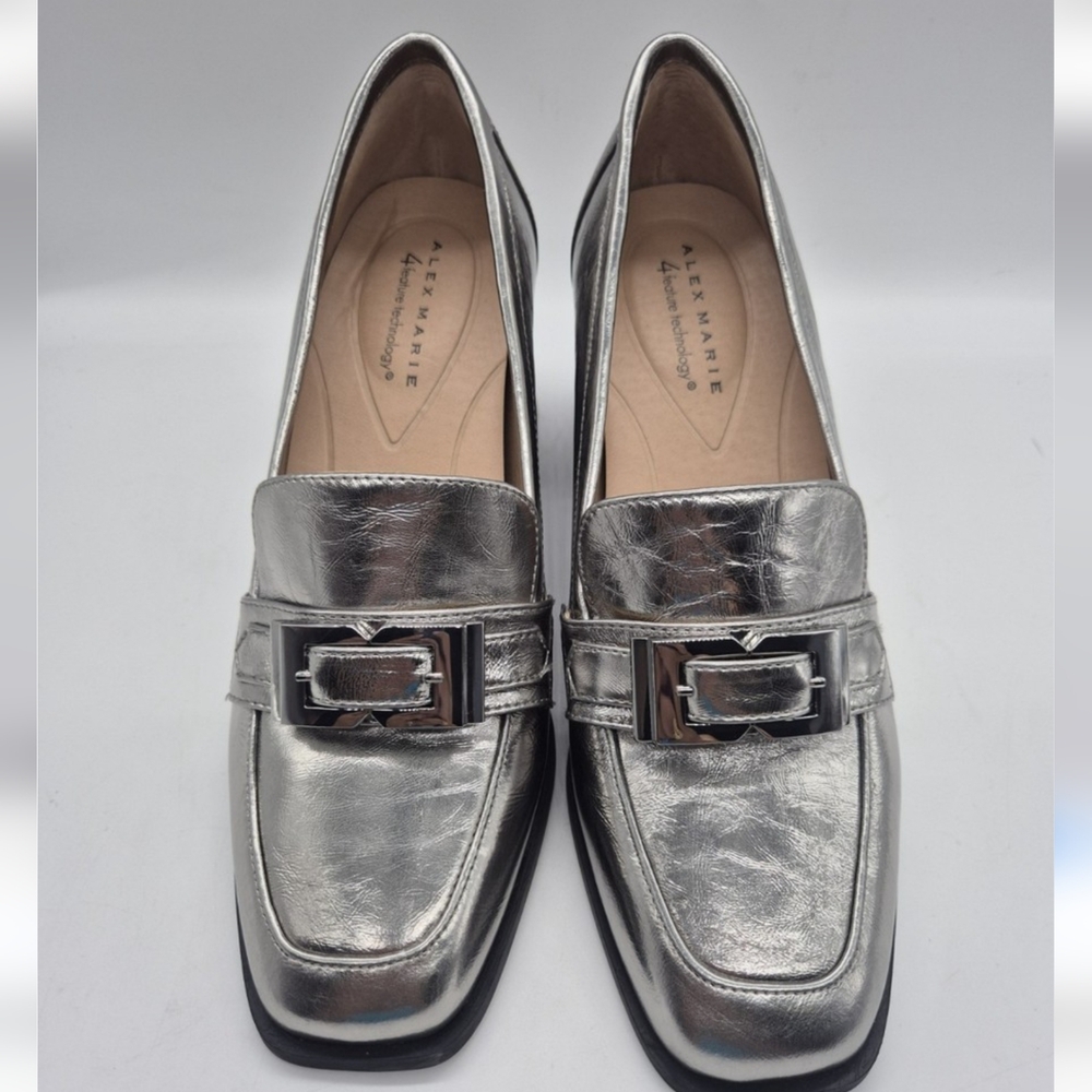 Alex Marie NWT Leather Women's Silver Loafers with Metallic Buckle Size 6.5